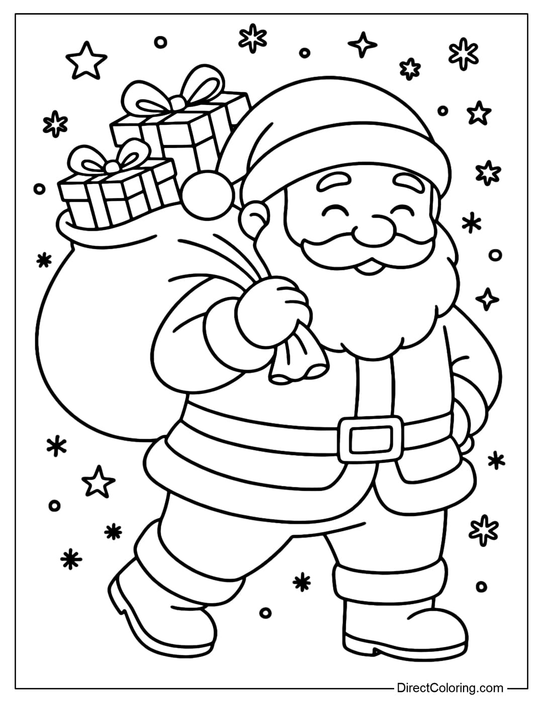 Coloring page of a gentle-smiling Santa Claus carrying a large gift bag on his shoulder, a few gift boxes sticking out.