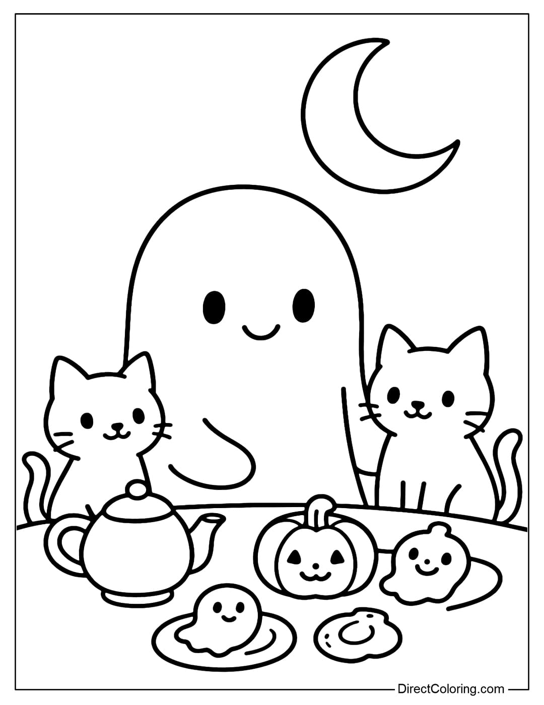A ghost coloring page sitting with two cute black cats, on the table is a teapot, ghost cookies and a small pumpkin.