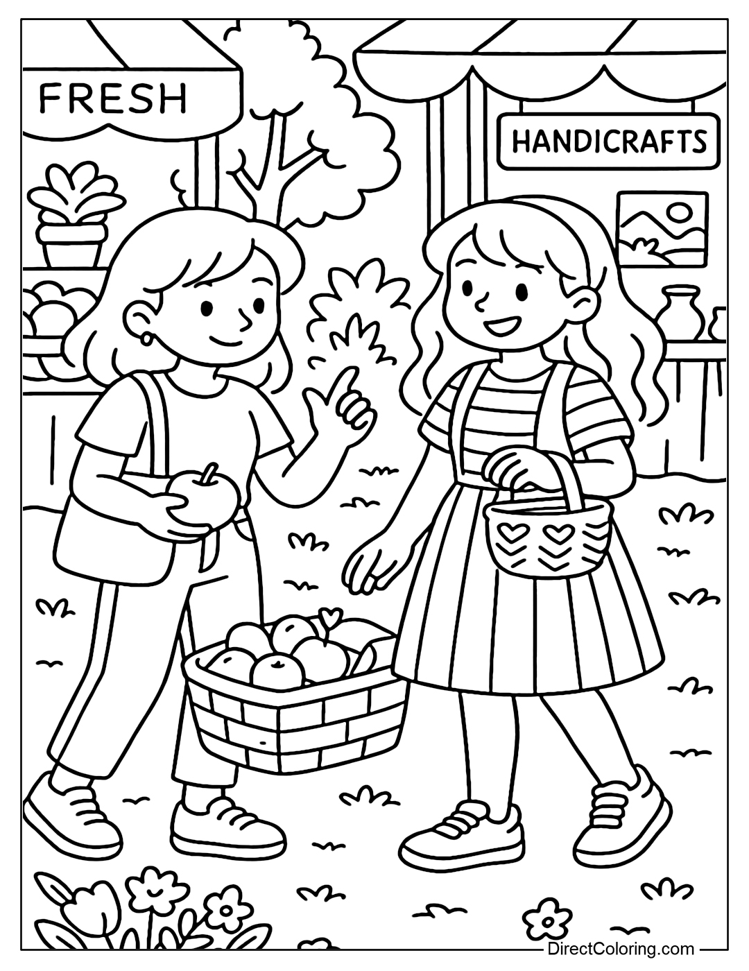 Coloring page of two girls going to the market, choosing fruits and crafts, surrounded by small stalls.
