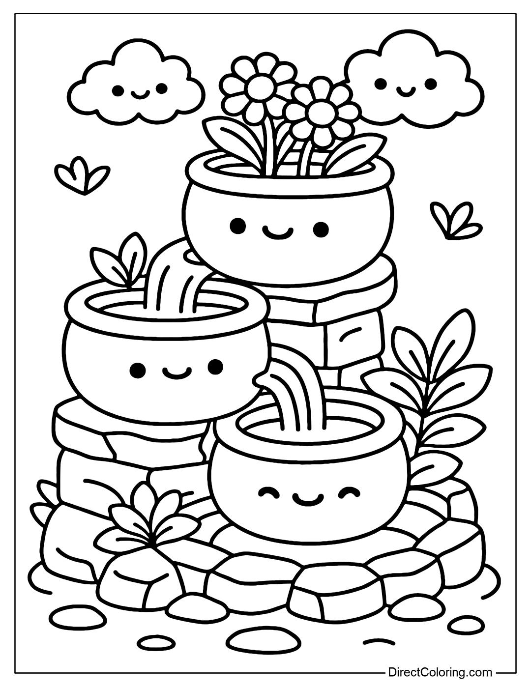 Coloring page of tiered planter system with water, top is calendula flowers, bottom is lush green leaves; neatly arranged rocks