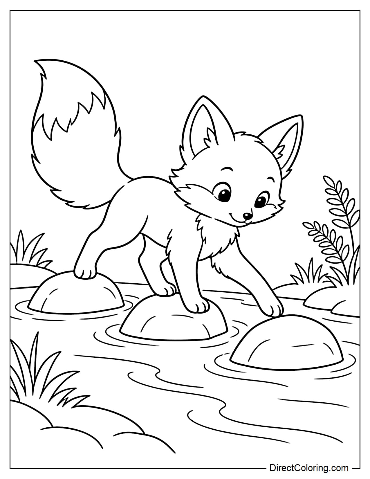 A fox carefully crosses a small forest stream by stepping across three large stones rising above the water, with a few clusters of grass and ferns along both banks.