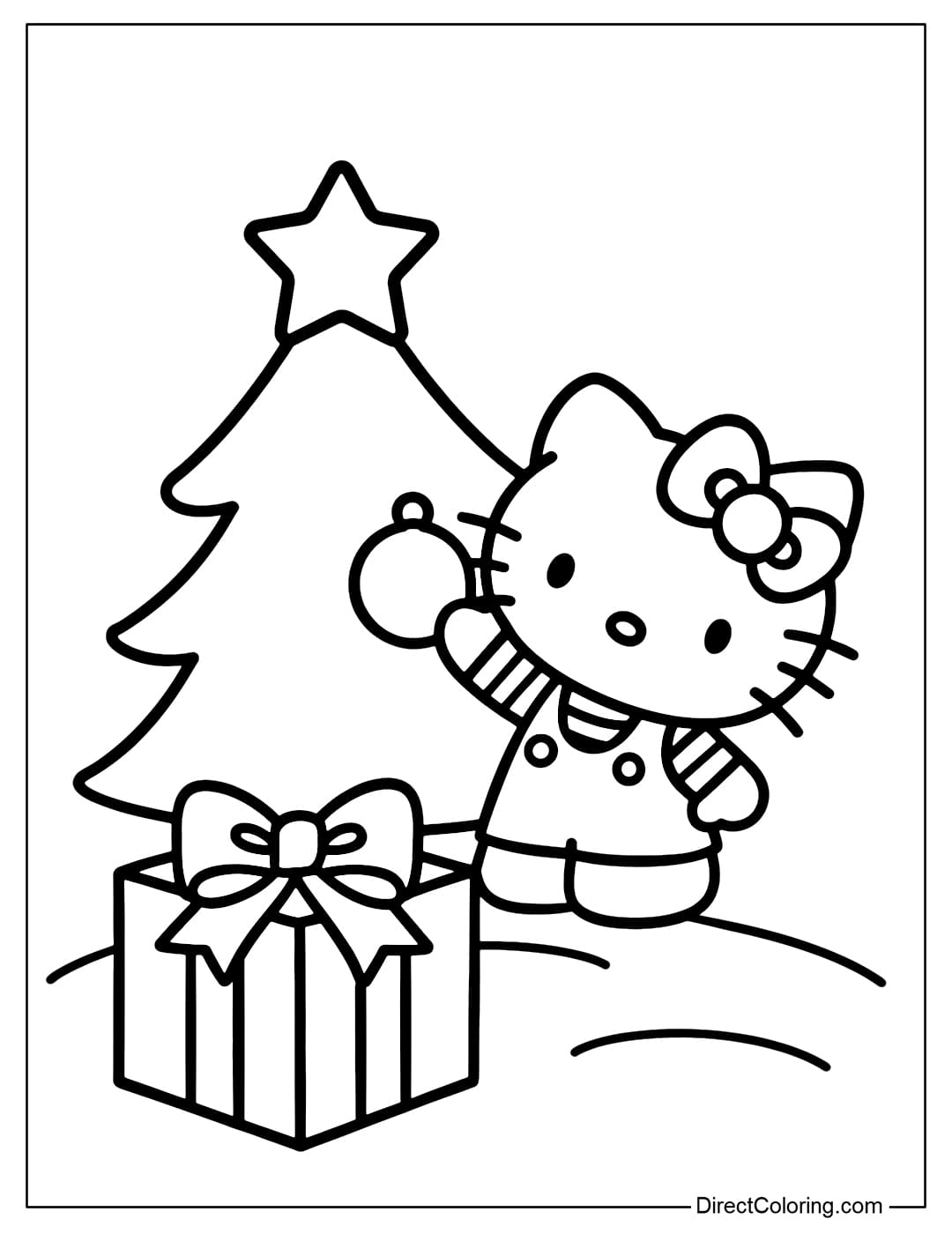 Hello Kitty coloring page is decorating a Christmas tree, with a gift box at her feet.