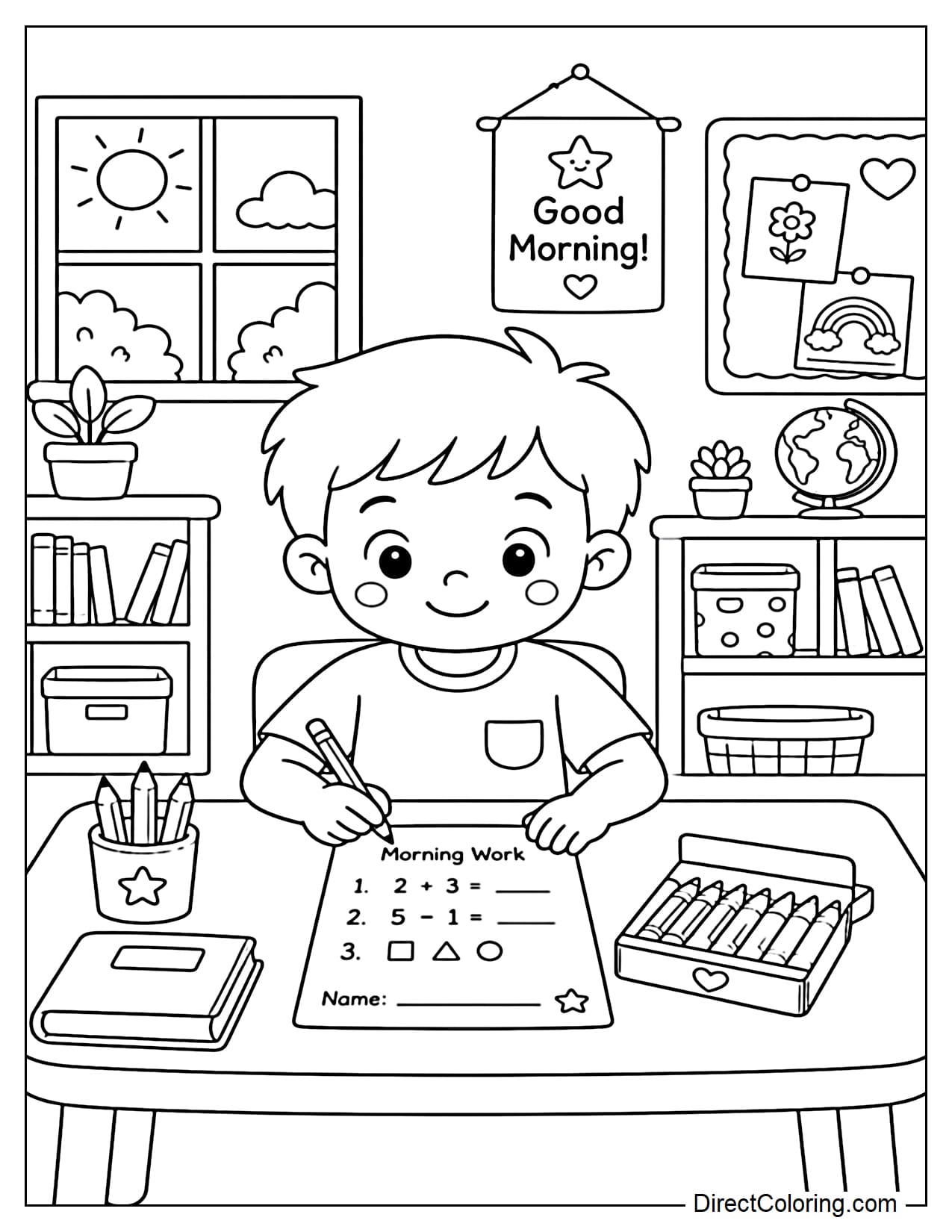 A child is sitting at their desk doing their morning homework with exercise paper, pencils, and a small box of crayons, with a neat and warm classroom in the background.