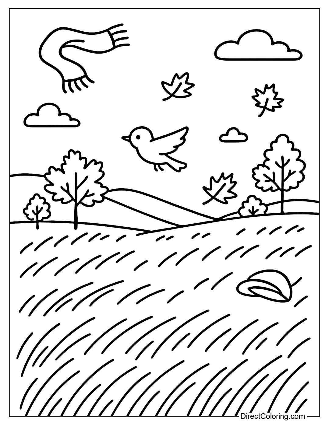 A coloring page of a wide meadow in September, tall, pale yellow grass is leaning in the wind. In the distance is a gentle hill, a few clusters of maple trees scattered.