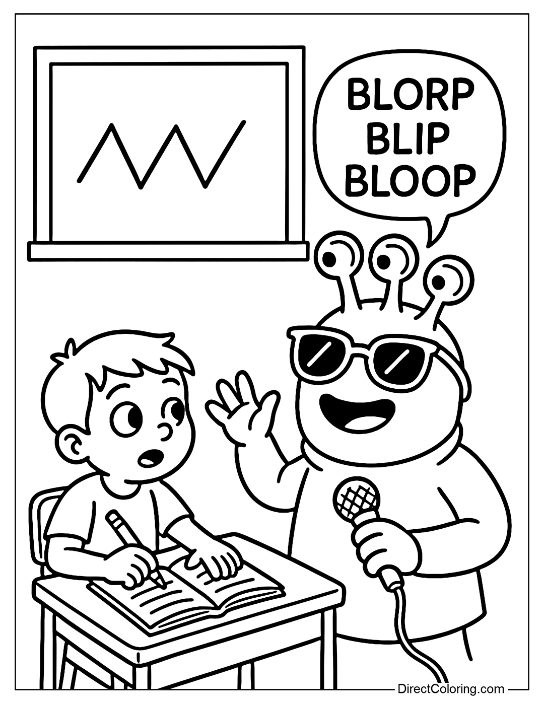A coloring page of an alien language class where kids learn to write zigzag letters and say 