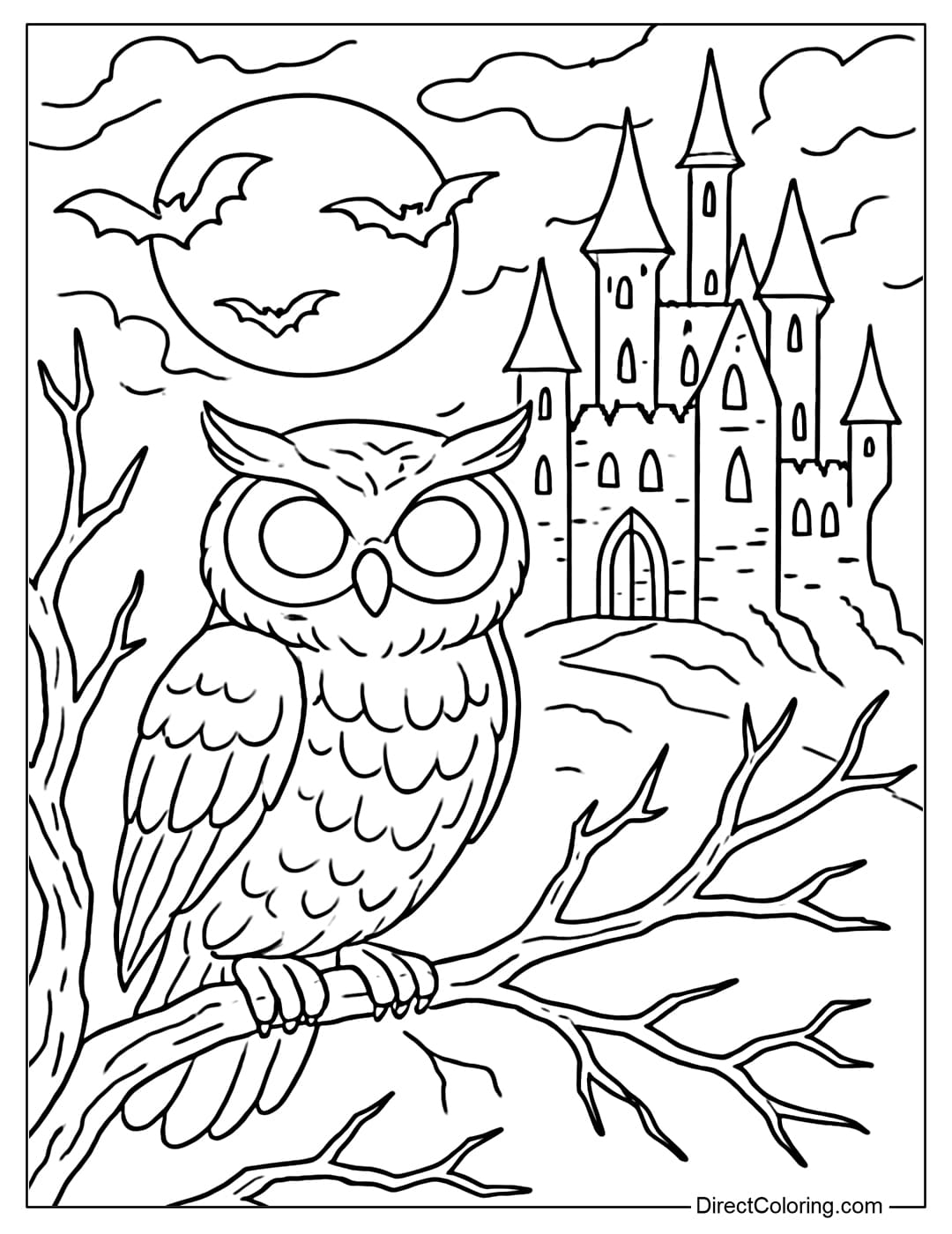 Creepy Owl Coloring Page An owl coloring page standing on a dry branch, eyes shining, in the distance is a haunted castle.