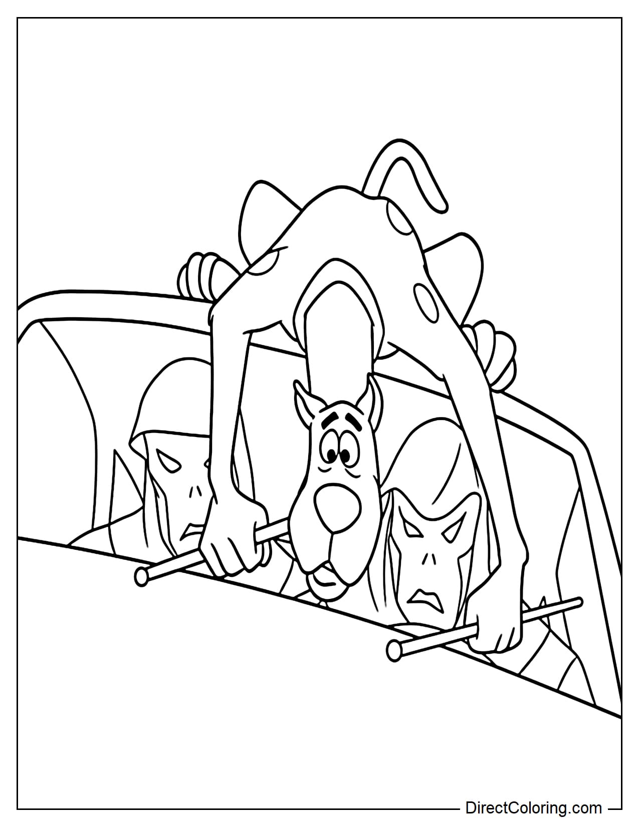 Scooby-Doo is lying across the roof of a car, with his head and front paws hanging down toward the windshield. Inside the car, two mysterious characters wearing masks can be seen.