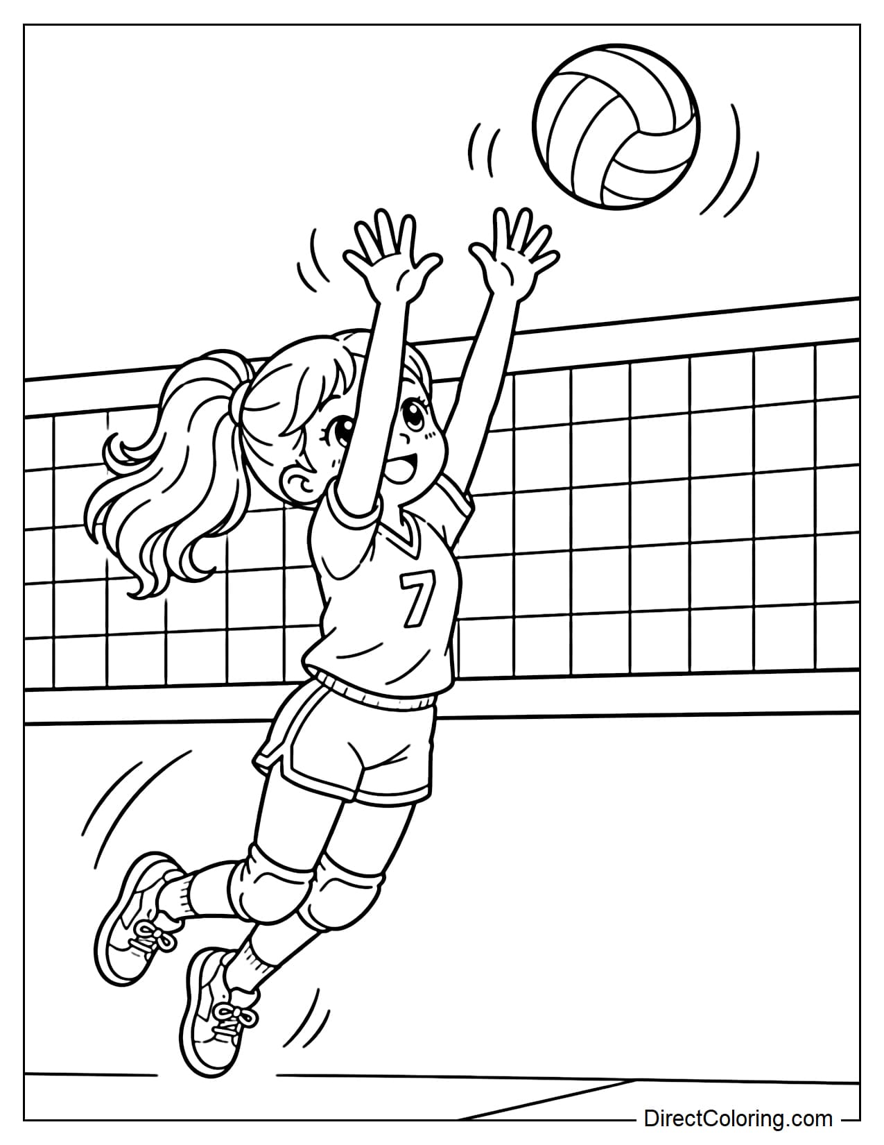 A young girl is jumping in front of the volleyball net with both hands raised high to block the ball, while the volleyball is positioned above the net.
