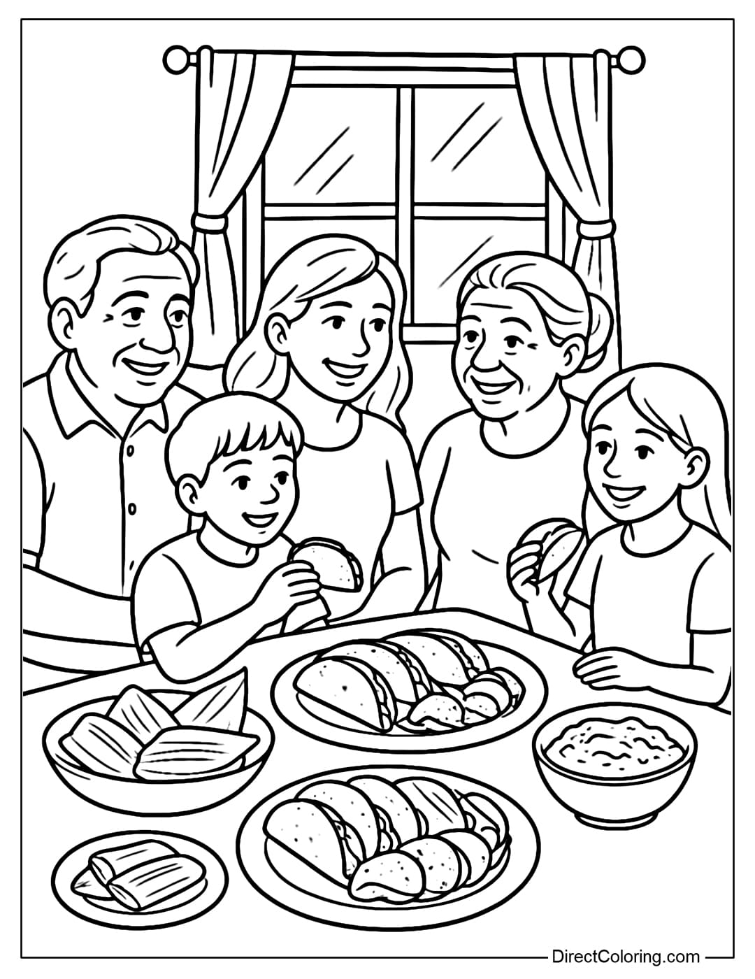 Coloring page of a Hispanic family gathered around the dinner table with tacos, tamales, guacamole, including children and grandparents.