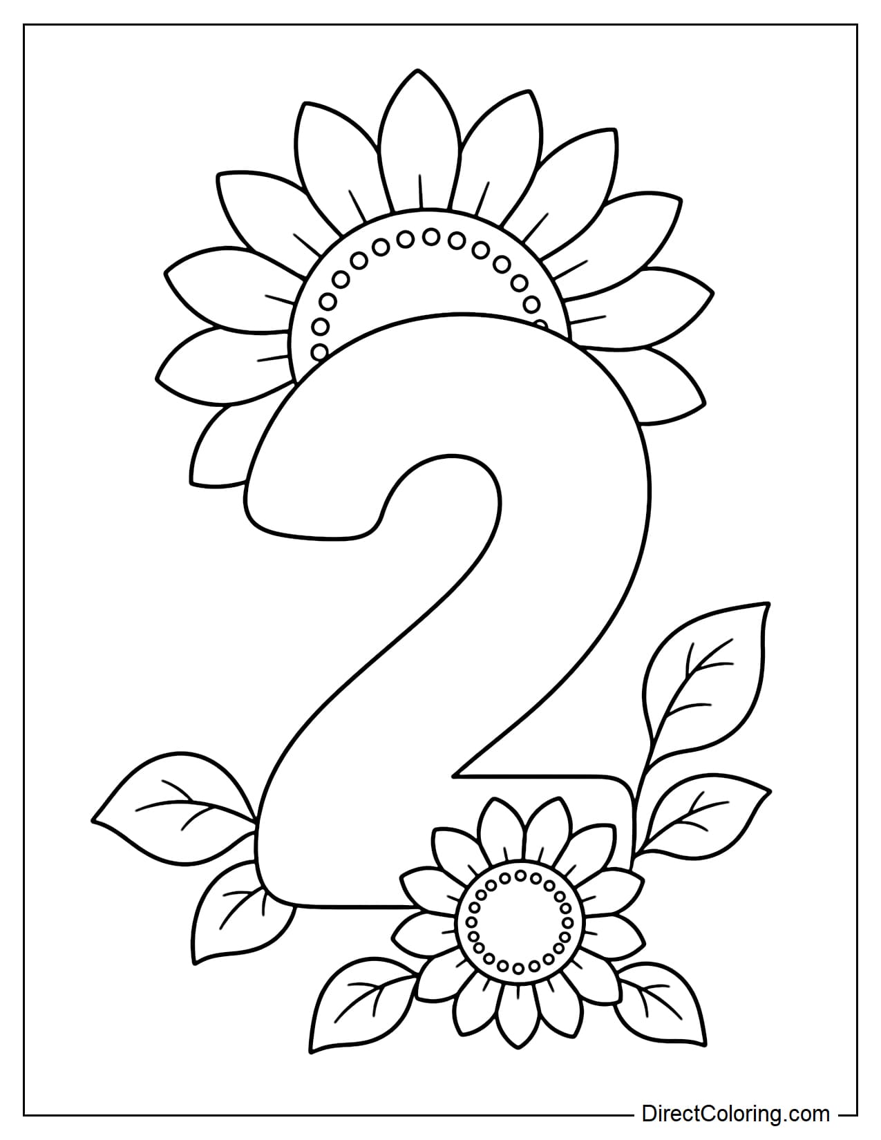 A simple, large number 2, with a sunflower peeking out from behind the top of the number, and a small, slightly off-center sunflower in front of the number's base, interspersed with a few simple leaves.
