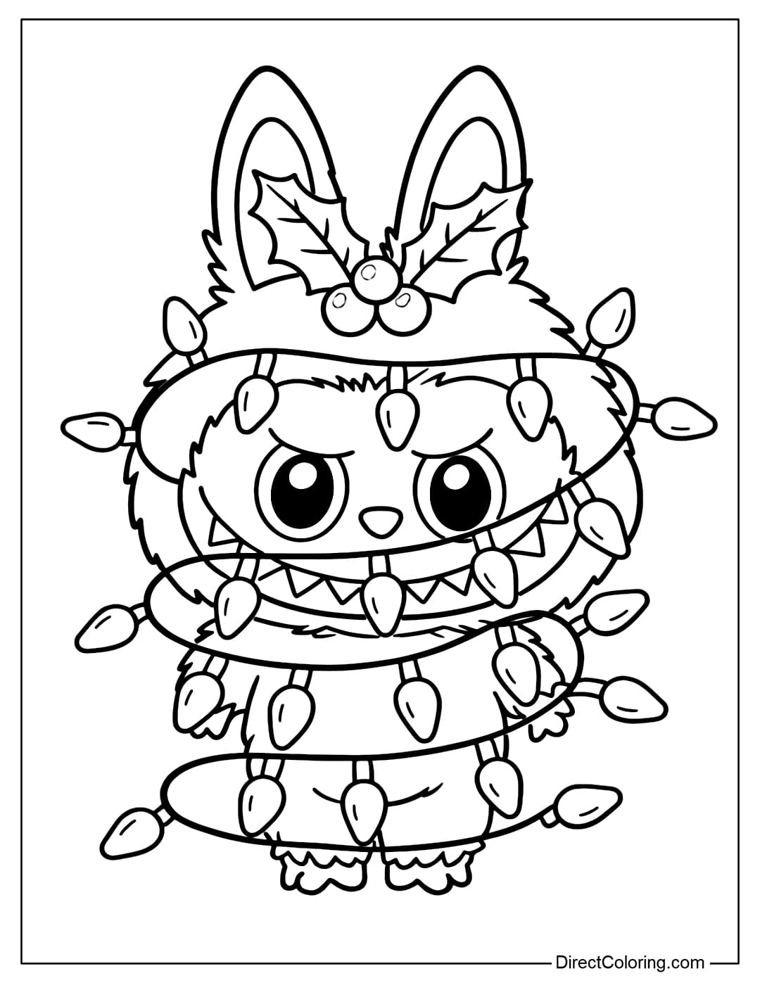 Coloring Page of Labubu in Christmas string lights, with holly leaves and berries on its head.