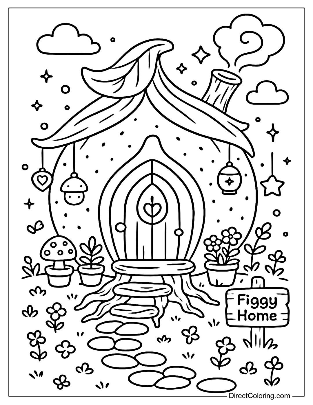 A soft round fig house coloring page, with steps made of tree roots, a rolled thatched roof and fairy lights flying around.