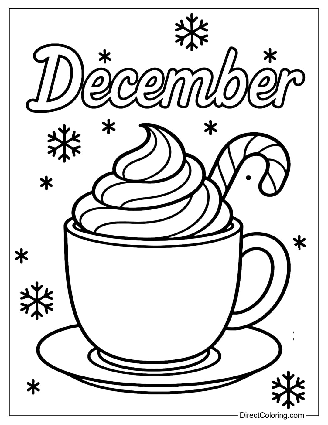 A hot chocolate coloring page with whipped cream and a candy cane, with the word December written on top.