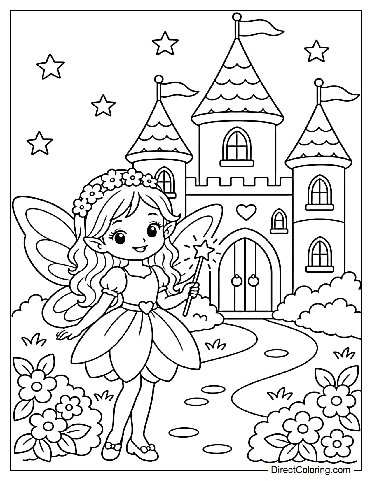 A small fairy holding a magic wand is standing in front of a charming fairy-tale castle with two round towers and pointed roofs. A curved path and large flower bushes appear in front of the castle.