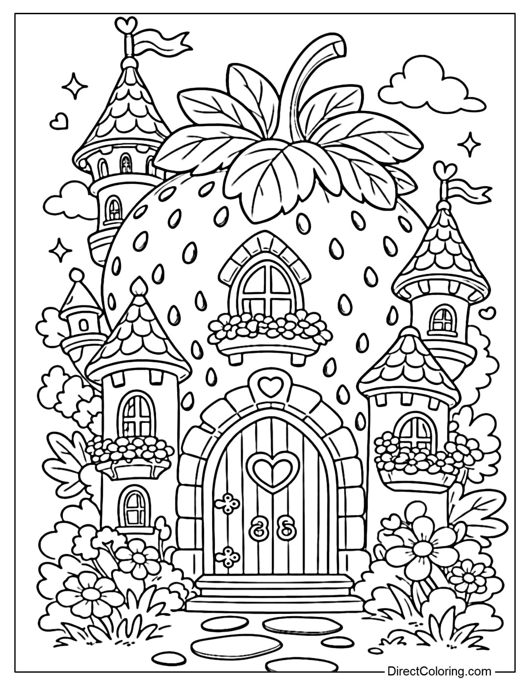 A coloring page featuring a cute fantasy castle made from a giant strawberry with small towers and strawberry leaves on top as the castle roof.