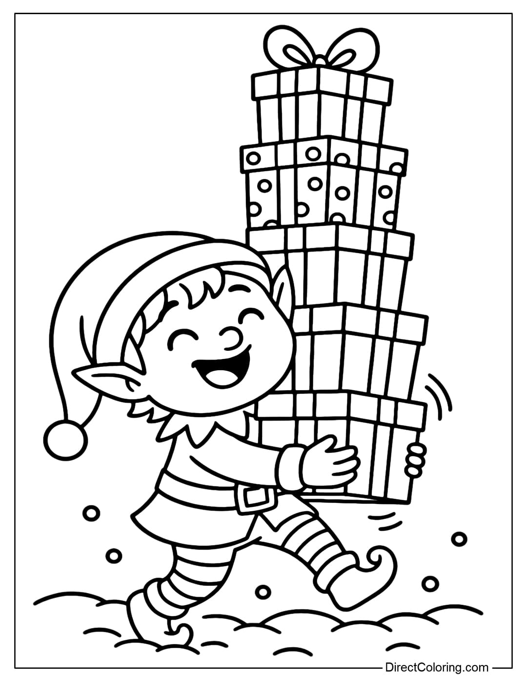 Little elf coloring page holding a pile of gifts higher than his head, staggering and laughing happily.