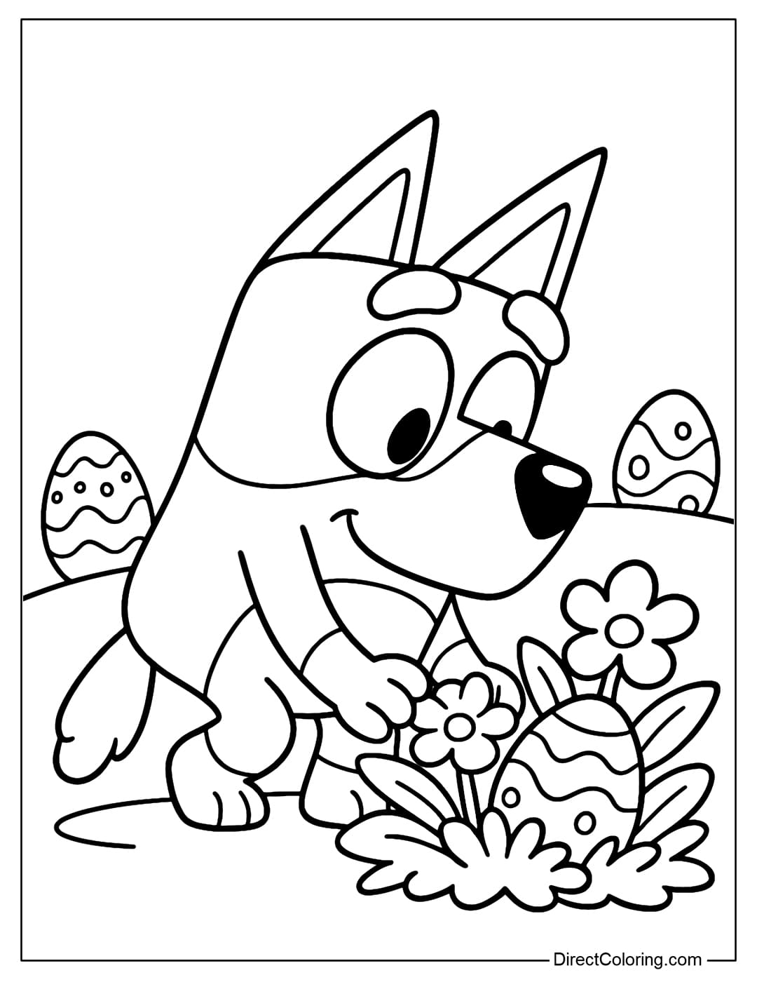 Bluey Coloring Page bending down to the soft flower bush, discovering a hidden Easter egg.