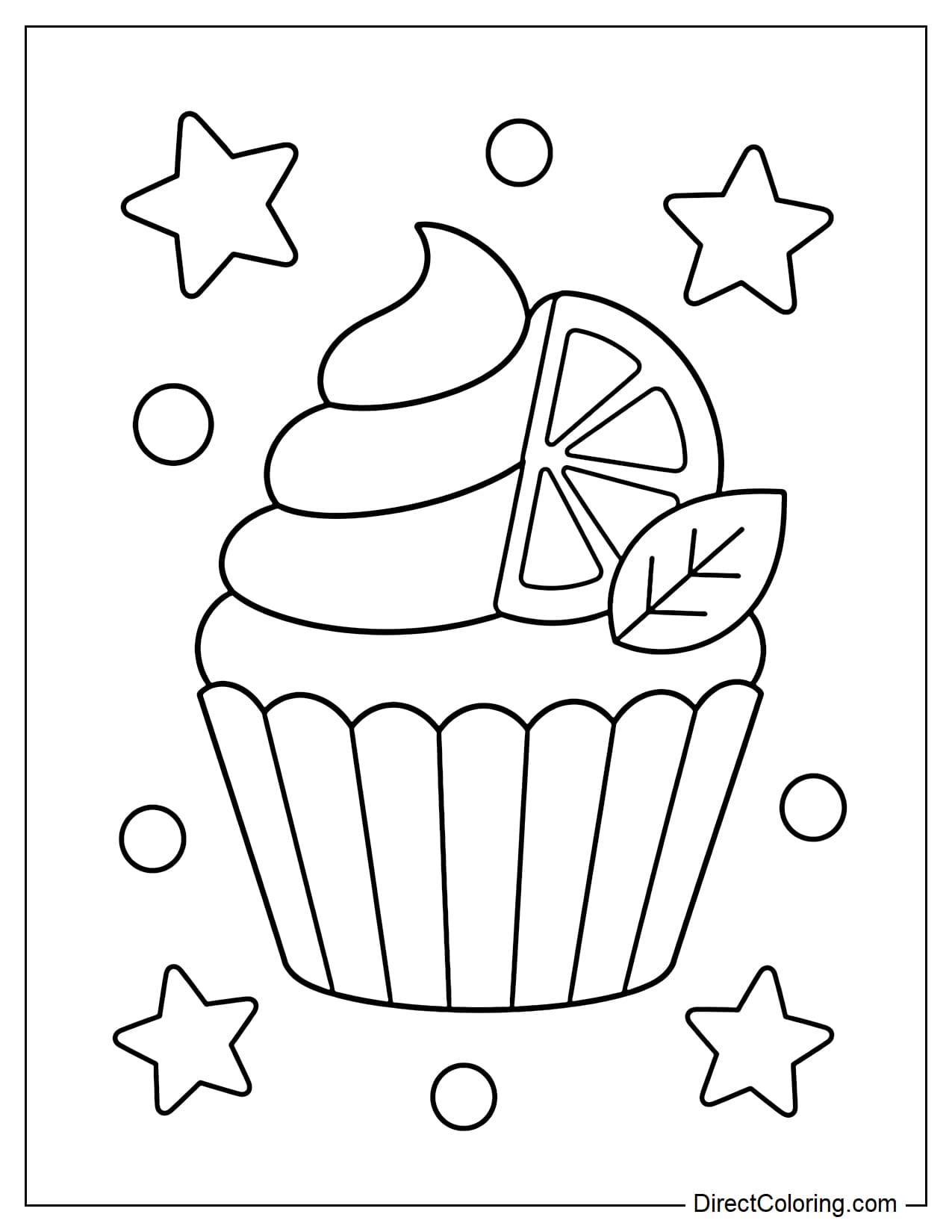 A large cupcake with a soft swirl of frosting, decorated with a slice of lemon and a small leaf, surrounded by stars and dots.