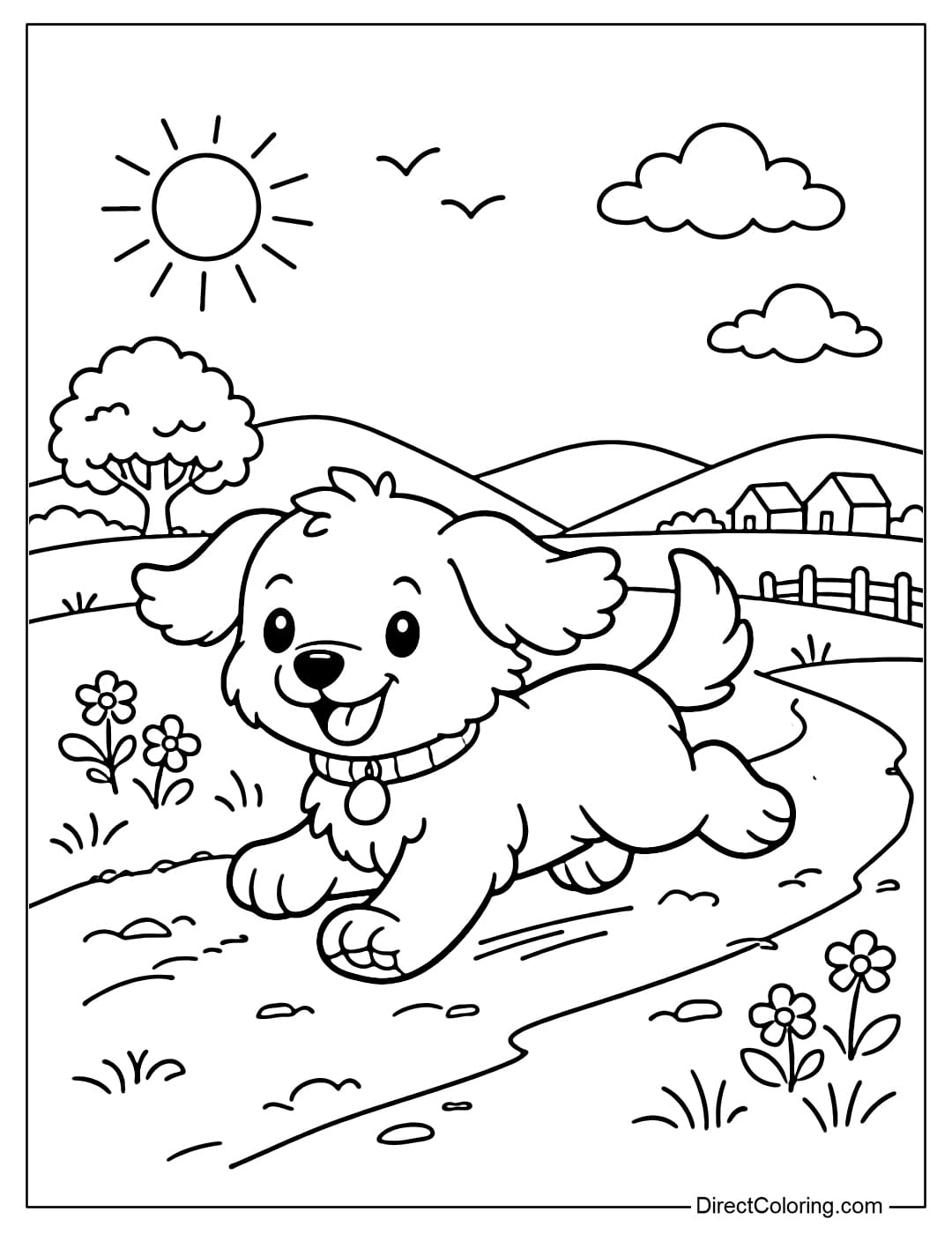 A coloring page of a dog running in a field with simple dirt lines.