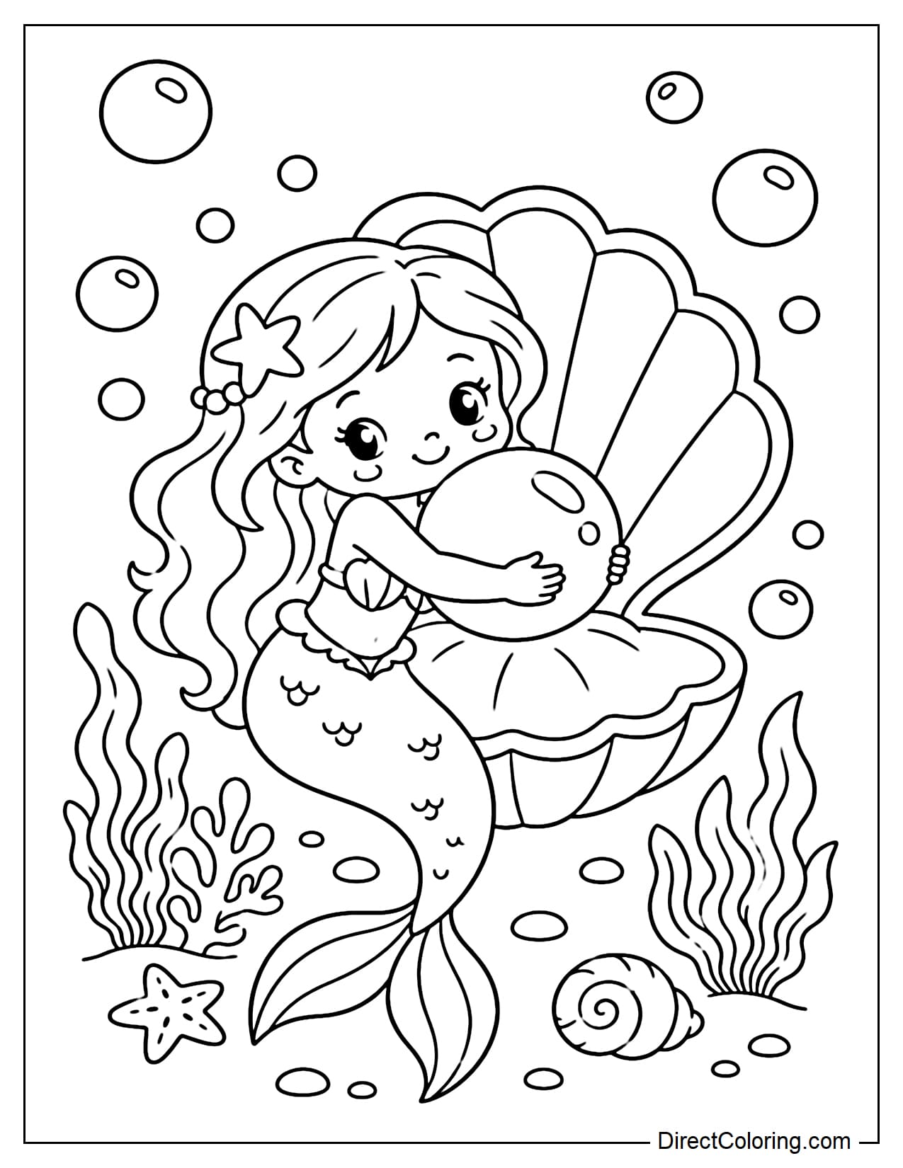 A cute mermaid holding a large pearl next to an open seashell, surrounded by large bubbles.