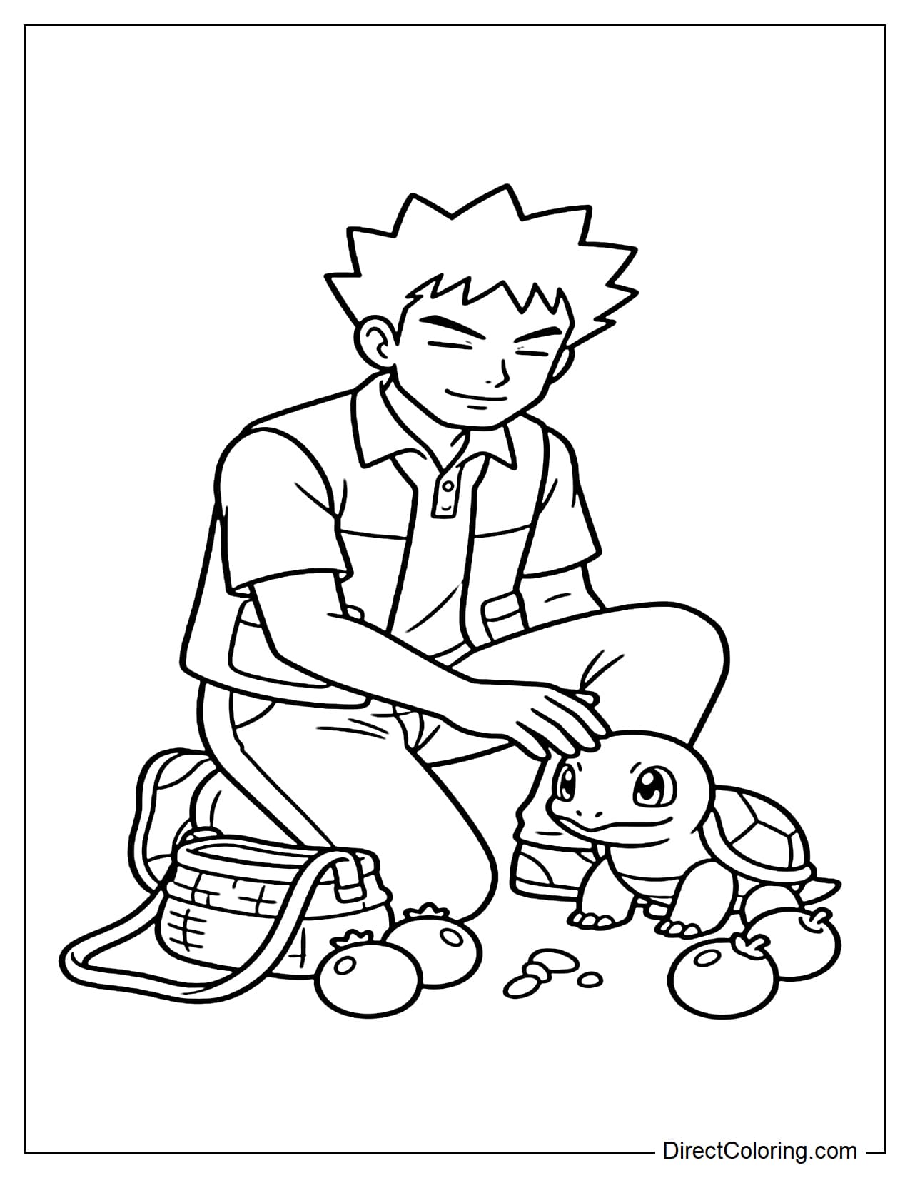 Brock is kneeling on one knee, gently caring for the Pokémon Squirtle sitting in front of him, with a small bag and some large berries beside him.