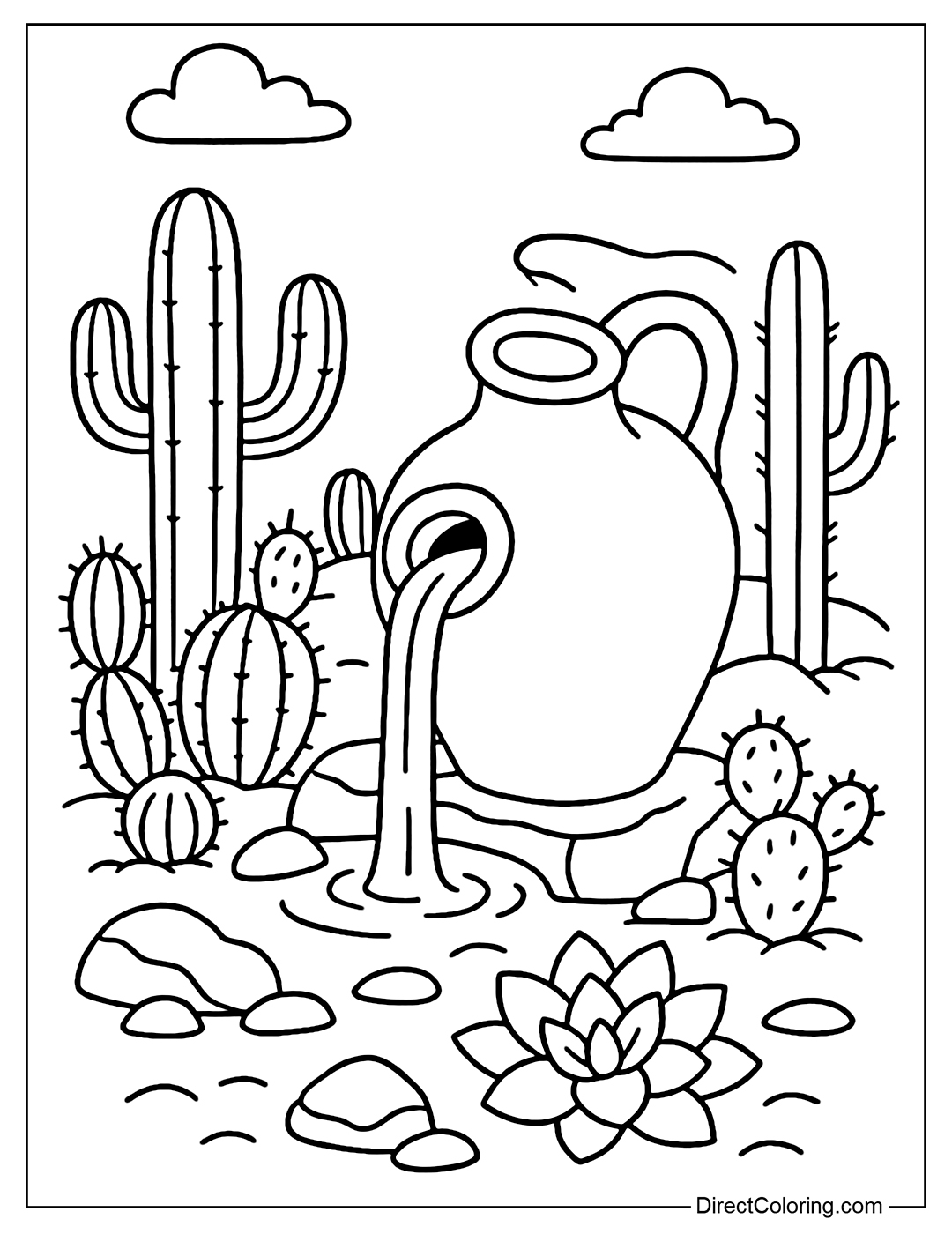 A red ceramic pot coloring page in a desert garden with cacti, hot rocks, succulent flowers; water flowing in a small stream