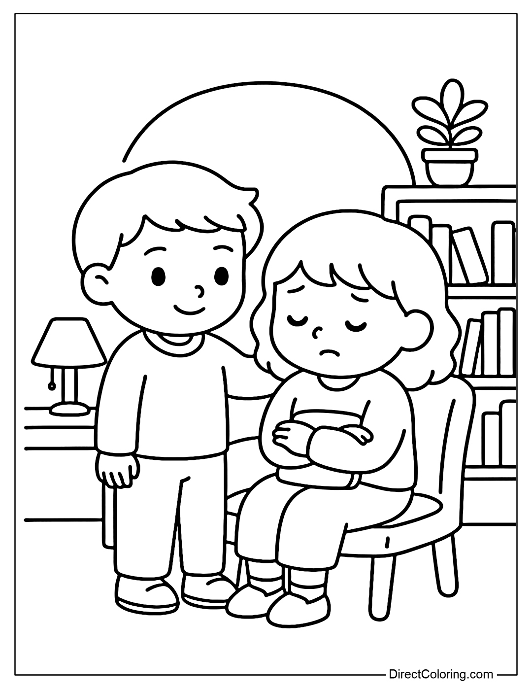 Coloring Page The boy is gently talking to comfort a sad friend. Hands on your shoulders, next to a quiet classroom or library model.
