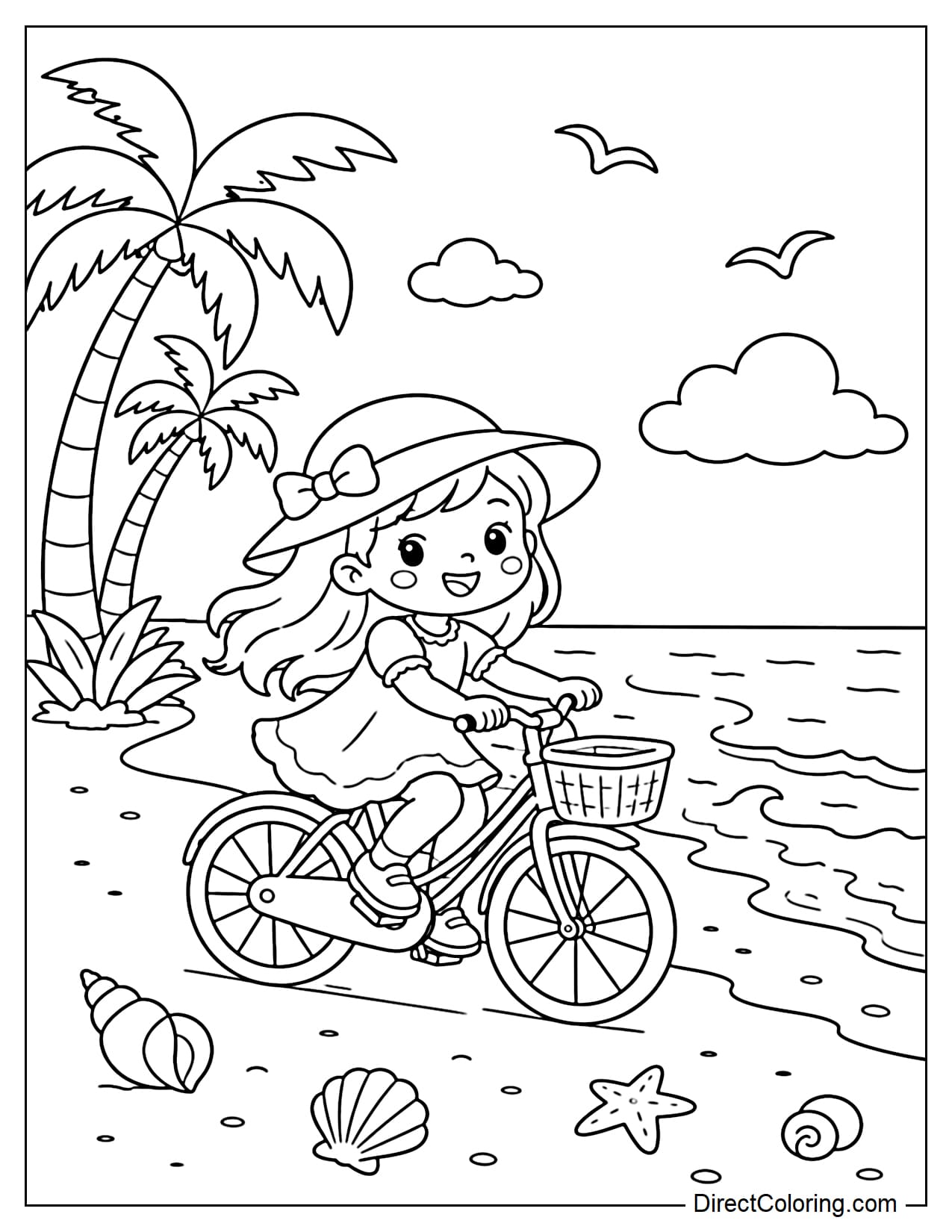 A little girl rides her bike along the beach. Beside her are gentle waves, seashells, a palm tree, and a few small birds in the sky.