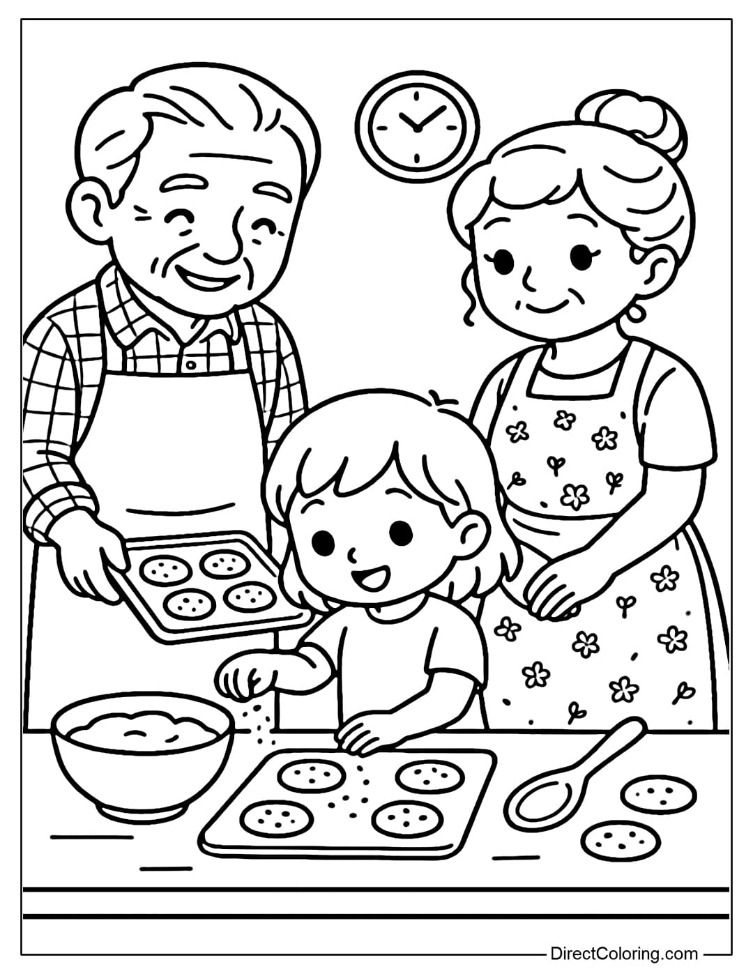 Coloring page of grandparents and grandchildren baking cakes together in the kitchen, happy faces.