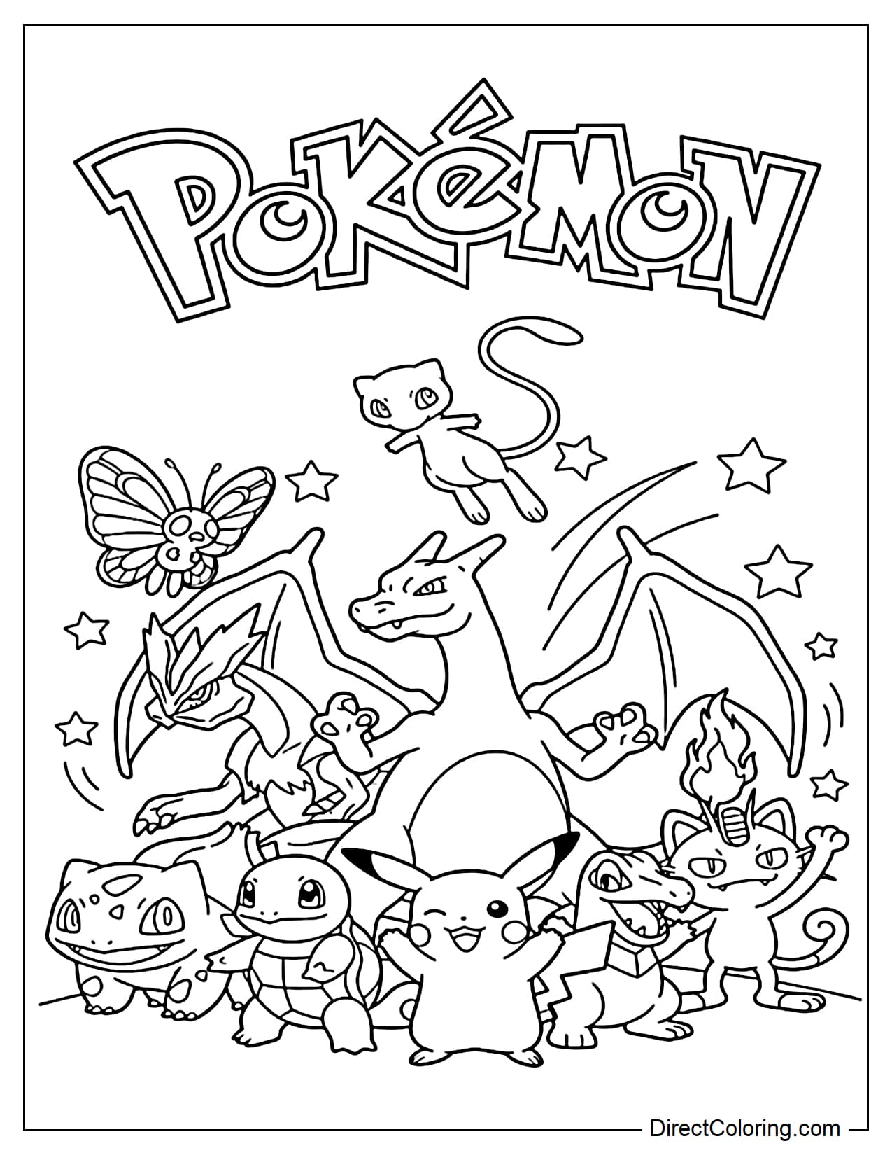 A group of Pokémon including Pikachu, Squirtle, Charizard, Bulbasaur, Mew, Butterfree, Totodile, Kyurem, and Meowth standing close together, with the word 
