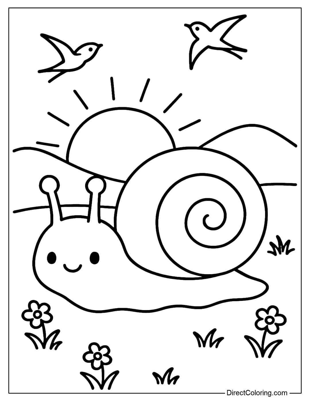 Coloring page A snail slowly crawling on the meadow, in the distance is the sunset, surrounded by wildflowers, swallows.