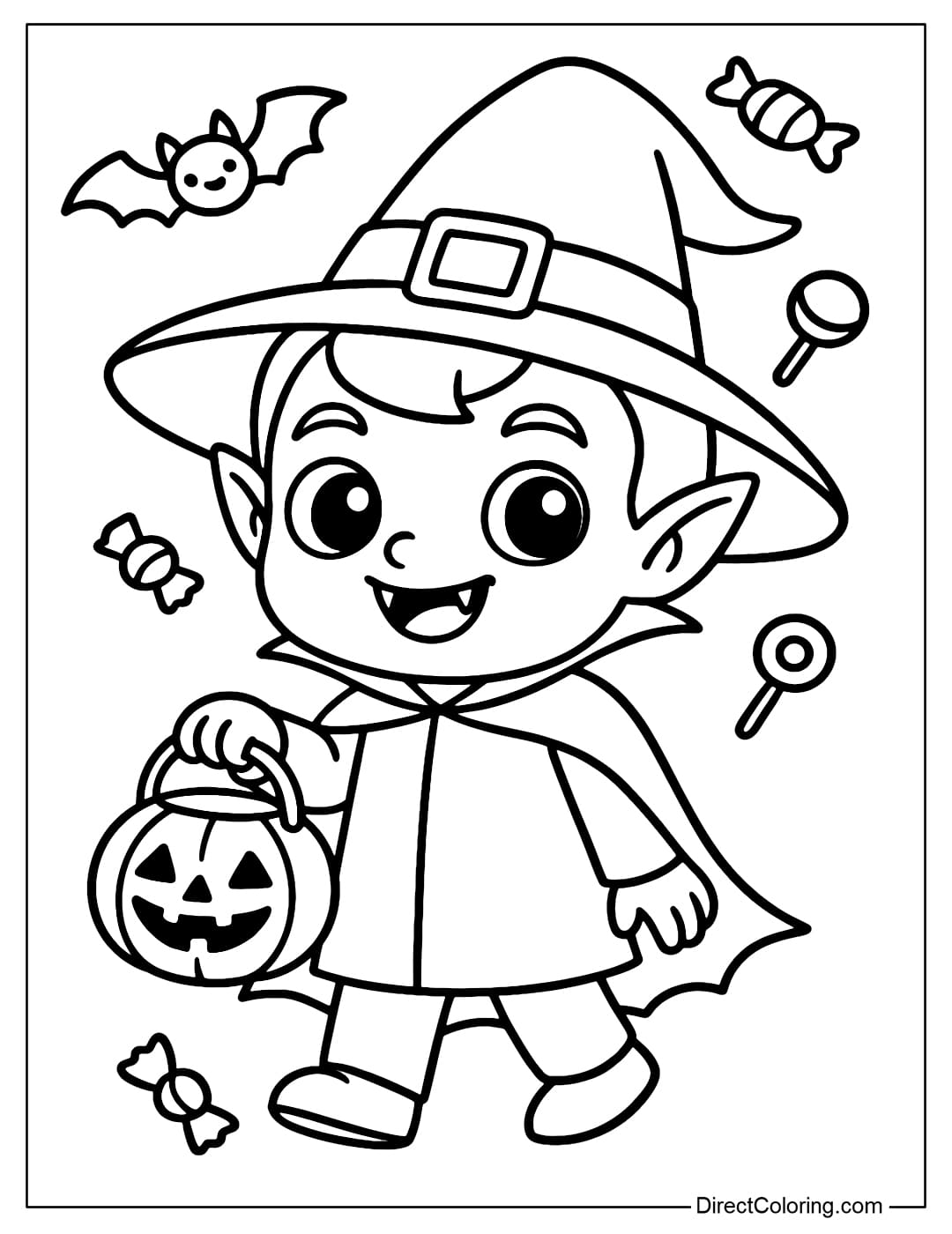Chibi Halloween Vampire Coloring Page Coloring page of a little vampire wearing a witch's hat, holding a pumpkin basket and asking for candy, surrounded by bats and falling candy.
