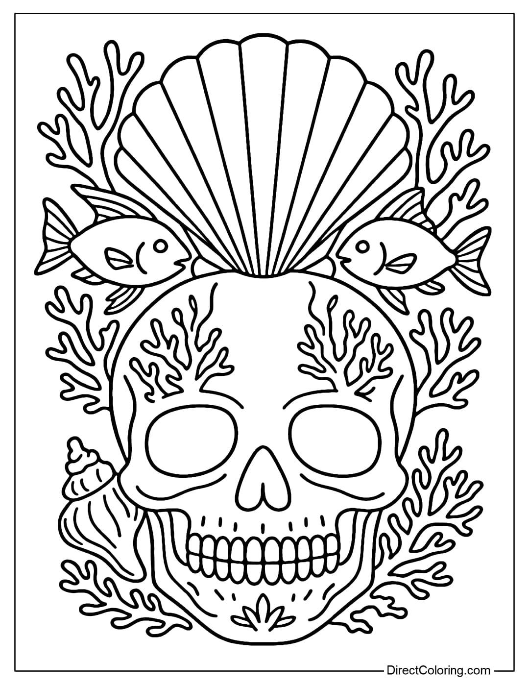 A skull coloring page with shells, corals and small fish, a magical ocean scene.