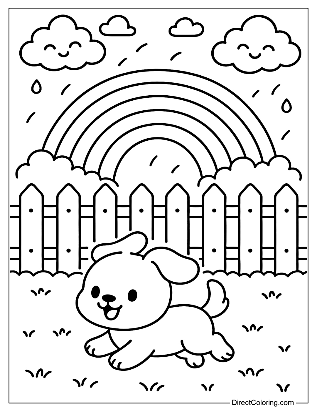 A rainbow-colored fence coloring page after the rain, the sky is bright, and the puppy is running around.