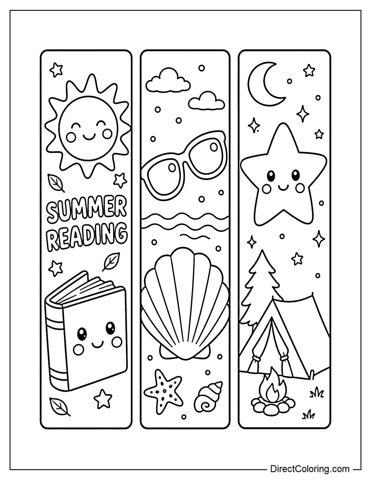 Three vertical bookmarks with summer themes such as books and sun, seashells and sunglasses, tents and stars, each bookmark featuring large, clear illustrations.