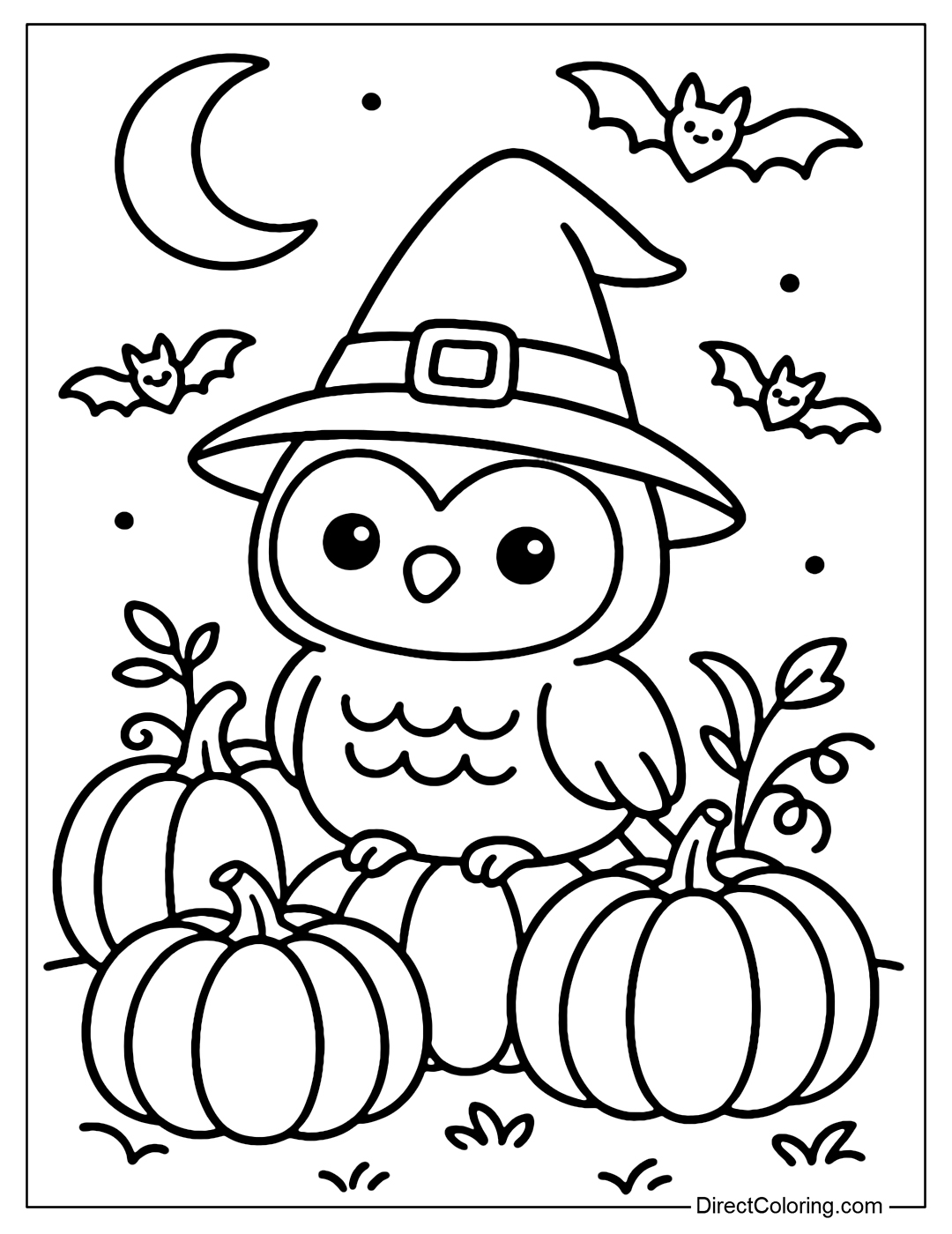 Coloring page of an owl wearing a witch's hat sitting in the middle of a Halloween pumpkin field, surrounded by flying bats and a crescent moon.