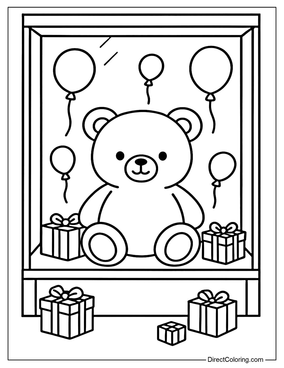 Toy Store Window Display Coloring Page Coloring page of a display cabinet with a giant teddy bear sitting in the middle, surrounded by gift boxes and floating balloons.
