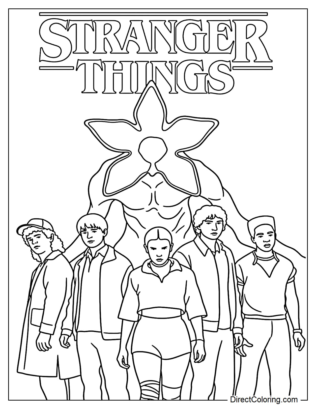 Eleven stands at the center with Dustin, Will, Mike, and Lucas, Demogorgon behind them, and the words 