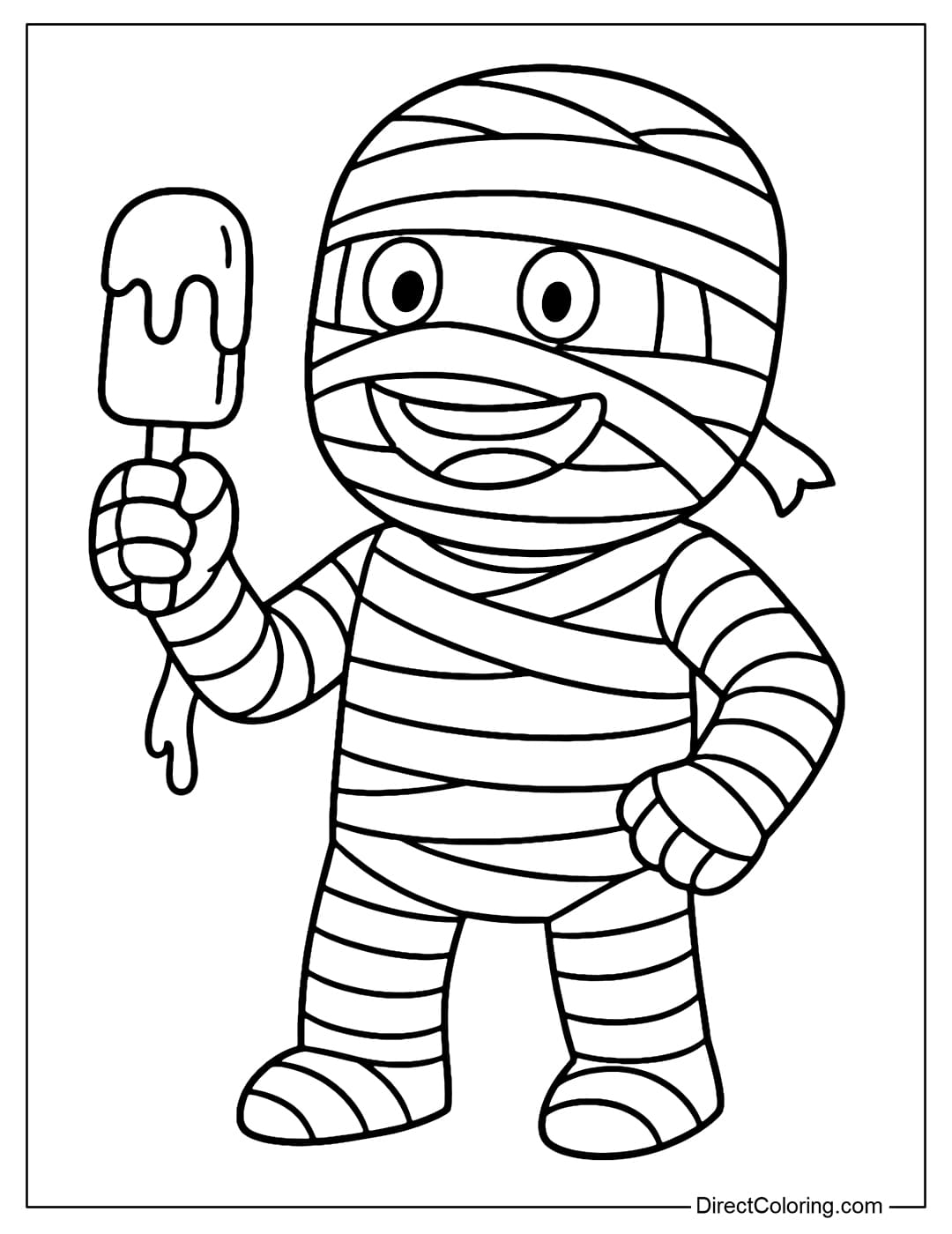 A mummy coloring page holding an ice cream cone, a bright smile, a bandage slightly sticky with melted ice cream.