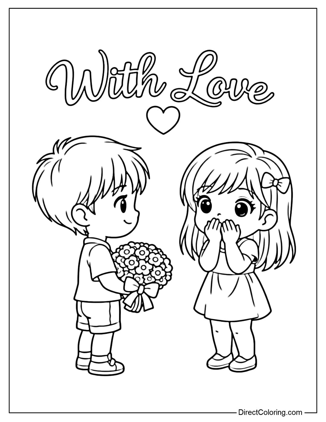 A coloring page of a boy giving flowers to a girl. The girl covers her mouth, showing surprise and happiness. Above is the word 