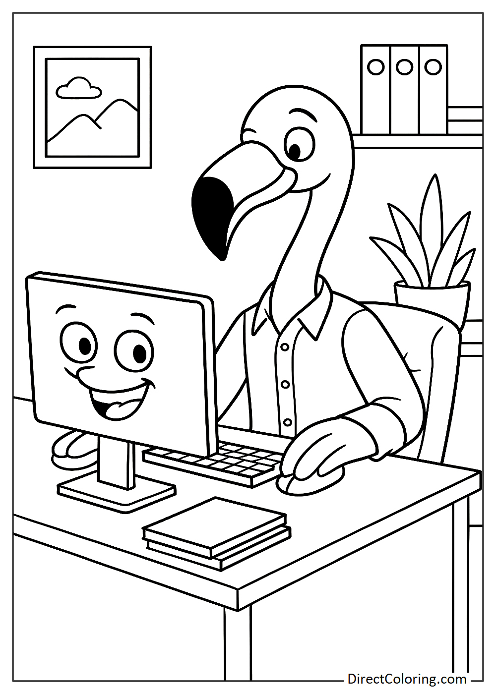 Flamingo working in the office coloring page
