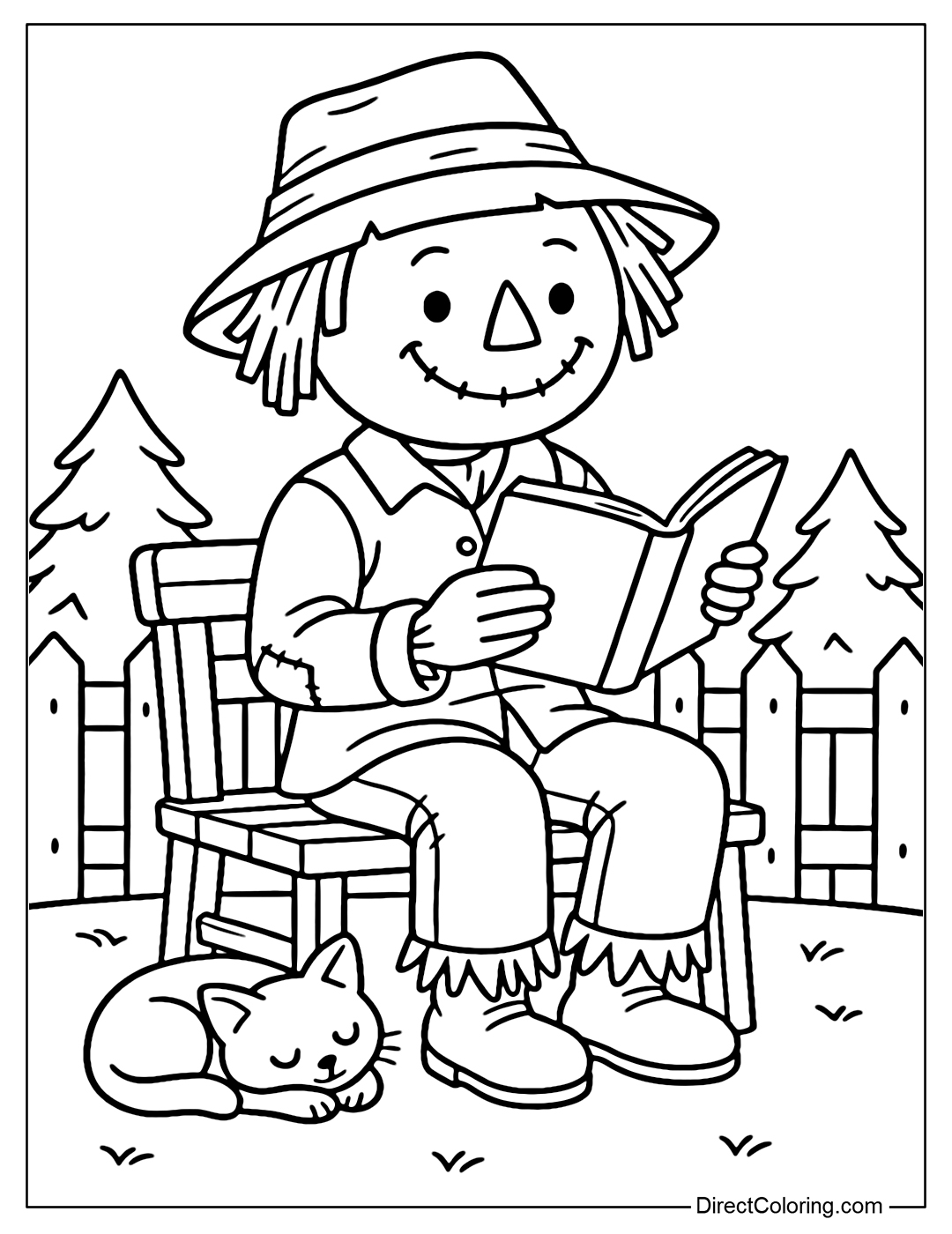 Scarecrow Coloring Page sitting on a wooden chair reading a book, a kitten sleeping at his feet, behind is a wooden fence.