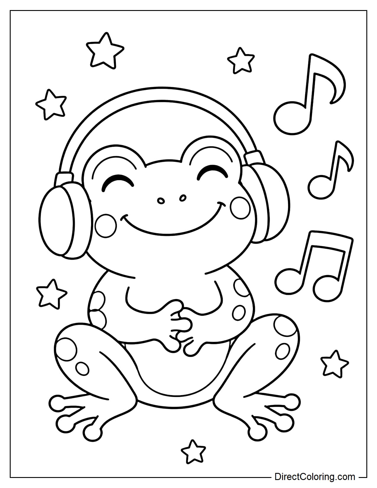 A cute frog is wearing large round headphones, surrounded by large musical notes and a small star.