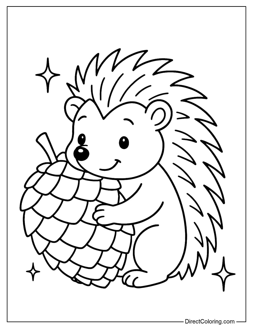 Hedgehog with Pinecone Coloring Page A hedgehog coloring page holding a big pinecone, with some sparkling stars around it.