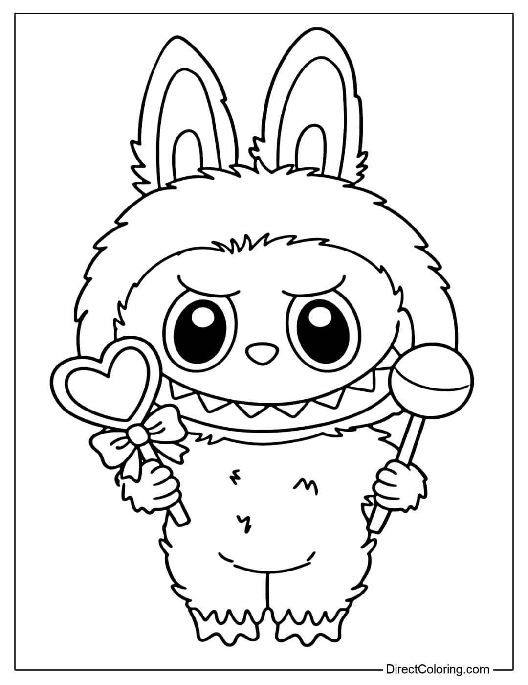 A Labubu coloring page holding heart-shaped Valentine's candy and round lollipops. The candy is drawn large and simple, making it easy to color.
