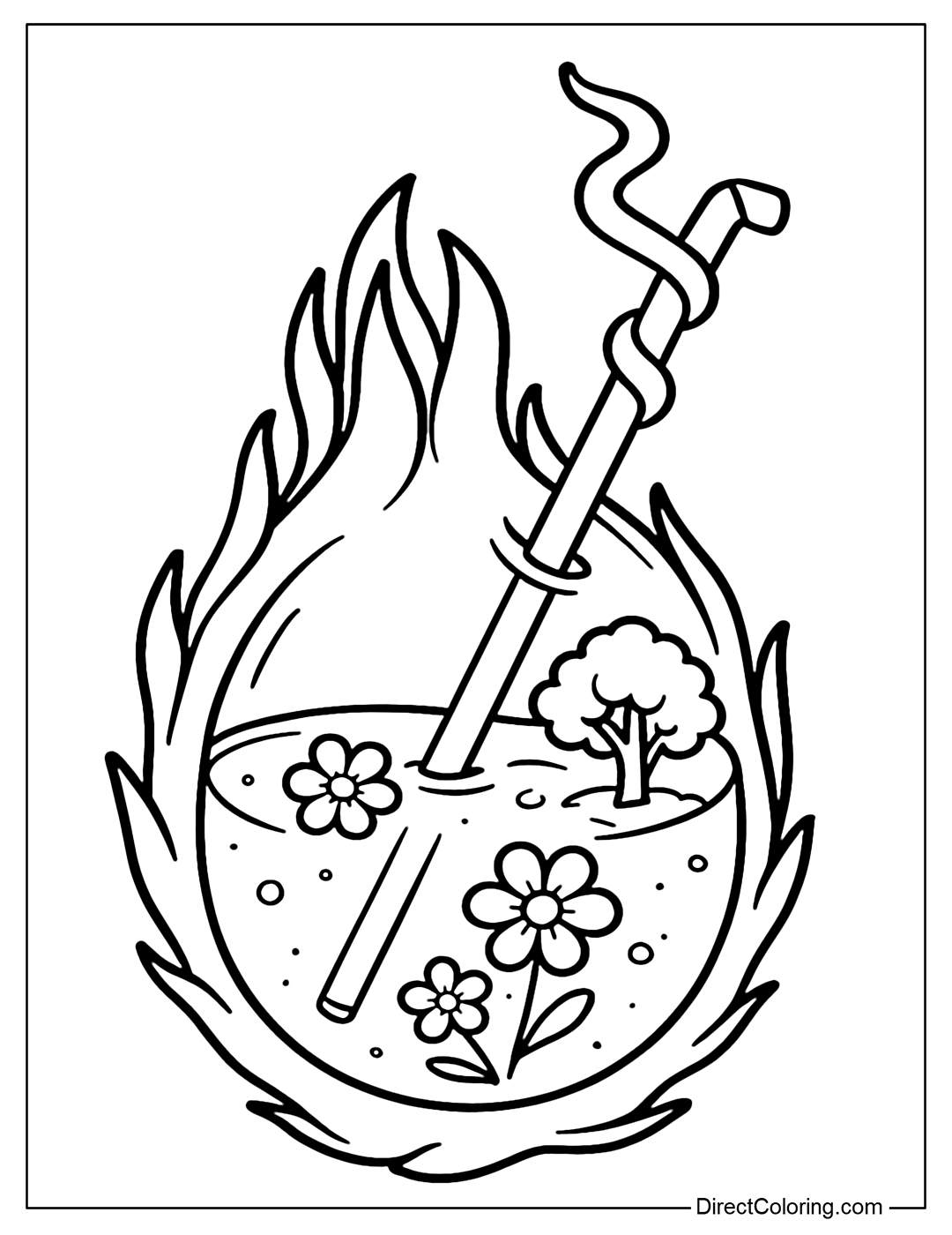 Coloring Page White and Pink Dragon Fruit, Water Inside Has Light Floating Flowers and Small Trees. The Straw Twists Like a Dragon's Tail.