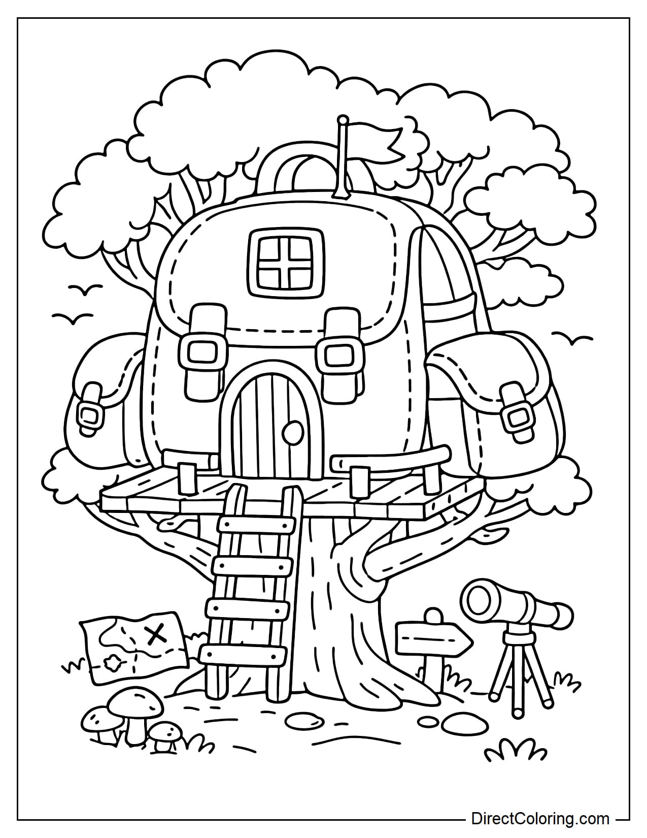 A treehouse shaped like a large backpack perched on a tree; the side pockets and straps are simple and large in shape.