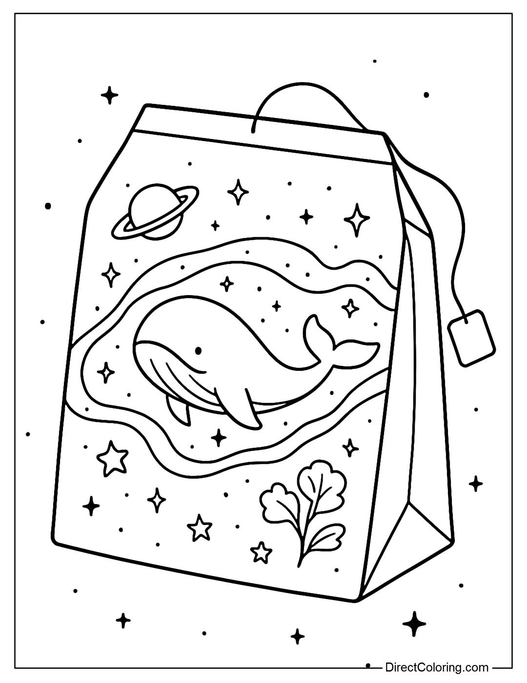 Tea bag coloring page featuring a whale swimming in the galaxy, with planets and falling stars.