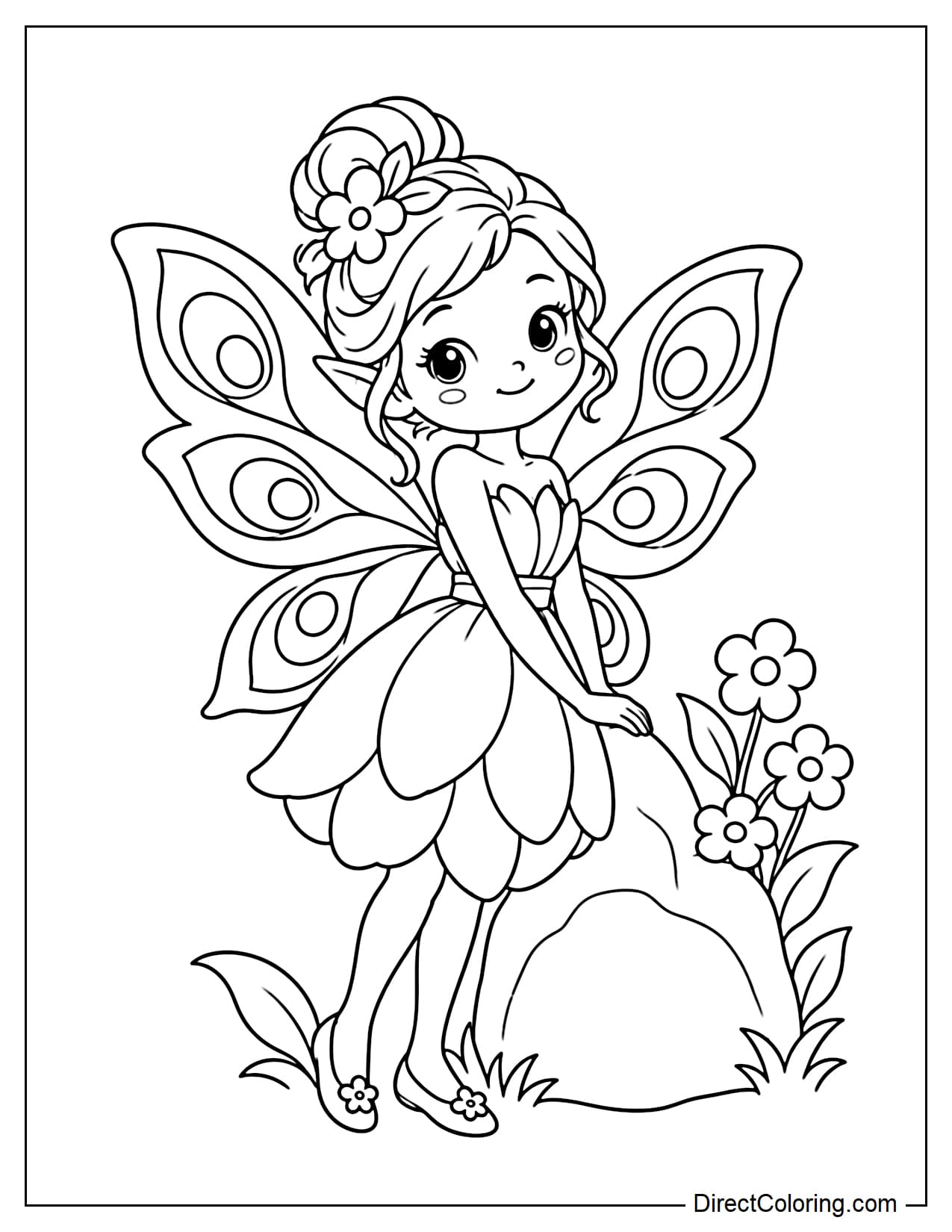 A fairy with wings inspired by peacock feathers is standing gently beside a small garden stone, with a few round flowers nearby.