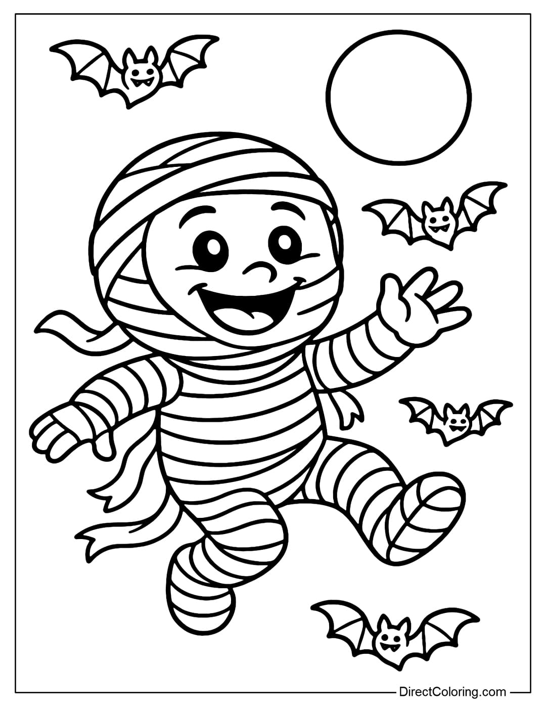 Funny mummy coloring page flying with some bats in the moonlit night.